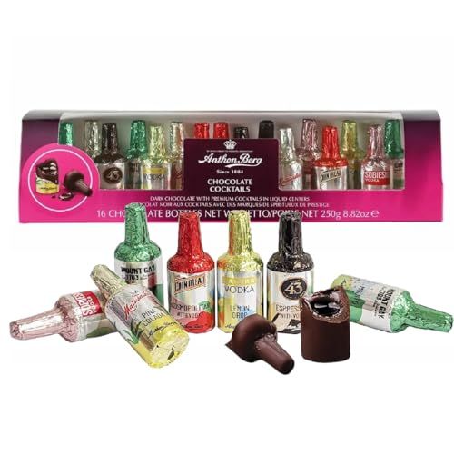 Anthon Berg Liqueurs - Luxury Dark Chocolate 16 Cocktails Miniature Alcohol Bottles 250g with Topline Card