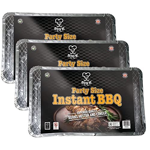 Big K Disposable Instant BBQ Tray - Pack of 3 Party Size All In One Barbecue Instant Light Charcoal Grill Trays with Topline Card. Ideal for Garden BBQs, Camping, Outdoor Party, Picnics.