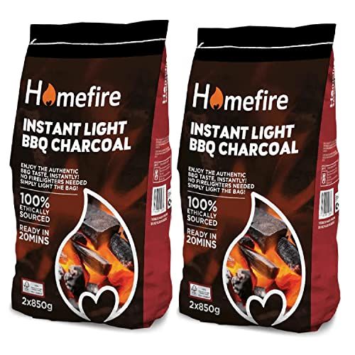 Homefire Instant Light Barbecue Charcoal - Pack of 4 x 850g BBQ Instant Light Lumpwood Charcoal Grill Bags with Topline Card for Outdoor Barbecues, Fire Pit, Camping BBQs.