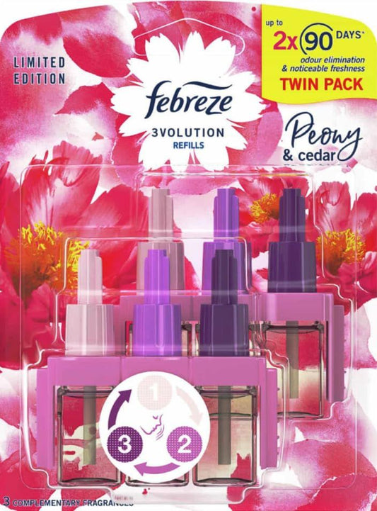 3volution Plug In Refill Air Freshener - Limited Edition 3 Scents Peony & Cedar Twin Pack 20ml Room Fresheners for Home. Plug In Air Freshener Refill, Odour Eliminator & Refresher with Topline Card.