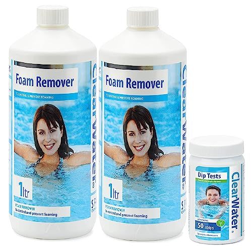 Clearwater Spa Antifoam Treatment Kit - Clear Water CH0007 Pack of 2 x 1L Foam Remover & CH0043 Dip Test 50 Strips. Hot Tub, Swimming Pool Chemicals Cleaning Kit with Card.