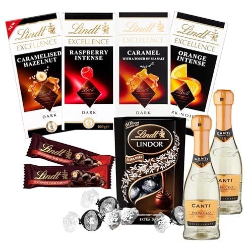 Lindt Chocolate & Prosecco Hamper - Lindt Dark Chocolate Bars 4 x 100g, Truffles 200g, 2 x 35g Hazelnut Bars & 2 Canti Prosecco 20cl