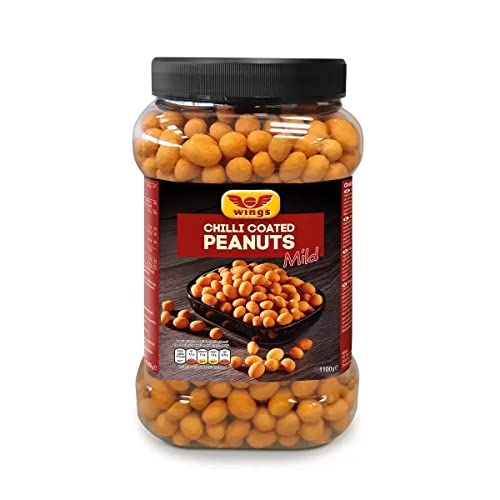 Wings Spicy Chilli Sharing Peanuts - Crunchy Coated Peanuts Snacks with Chilli Flavour 1.1kg Perfect Pub Snacks for Snacking, Movie Nights, Peanut Lovers with Topline Card.