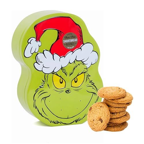 The Grinch Biscuit Tin Gift Set - Adorable Grinch Face Metal Tin with Choc Chip Shortbread Biscuits 150g Wonderful Biscuits Gift Set with Topline Card for Christmas Gifts, Stocking Fillers.