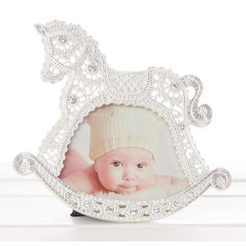 Babys Christening Rocking Horse Diamante Lace Effect Photo Frame