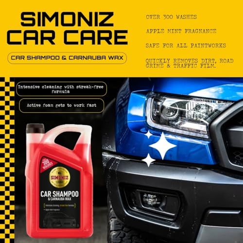 Car Shampoo & Tyre Shine Bundle - Simoniz Dual Action Car Wash Shampoo with Carnauba Wax 5L, Back to Black Tyre Shine Spray 600ml & Large Foam Sponge with Topline Card