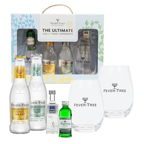 Gin & Tonic Gift Set for Couple Gifts - Fever Tree The Ultimate Flavoured Gin Cocktail Set of 2 x 200ml Tonic Water, 2 x 5cl Gin Miniature Alcohol Bottles & Two Branded Glasses. Great Gifts for Women