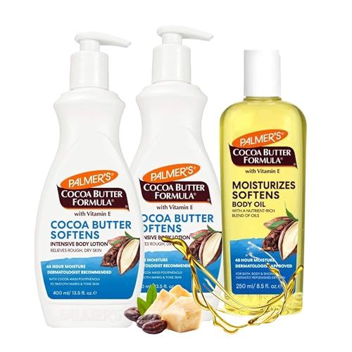 Cocoa Butter & Oil Skin Care Bundle - 2 x 400ml Cocoa Butter Moisturiser Body Lotion & 1 x 250ml Body Oil with Vitamin E. + Topline Card