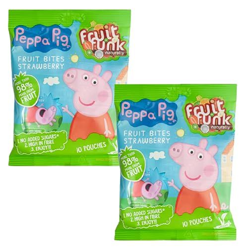 Fruit Funk Peppa Pig Snacks - Pack 2 x 10 Multibags 10gr Strawberry Fruit Bites, Healthy Snacks is Alternative to Fruit Roll Ups. Great for Lunchbox Snacks, Party Bag Fillers for Kids