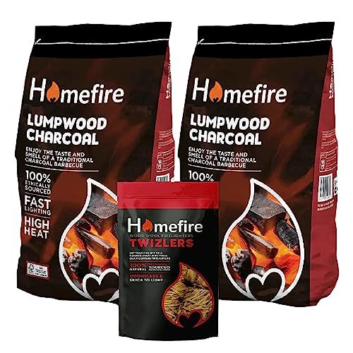 Homefire Lumpwood Charcoal BBQ Bulk - Pack of 2 x 8kg Barbecue Lump Wood Charcoal Bags & 300g Homefire Twizlers with Topline Card for Outdoor Barbeque Grill, Camping BBQs or Pizza Oven.