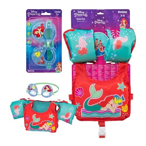 Girls Learn to Swim Vest Bundle - Adorable Little Mermaid Design Swimming Float Kids Swim Vest, Arm Bands & Goggles. Holiday Essentials with Topline Card. Great for Swimming Pool or Birthday Gifts