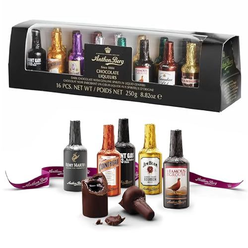 Anthon Berg Luxury 16 Dark Chocolate Liqueurs Miniature Alcohol Bottles with Topline Card