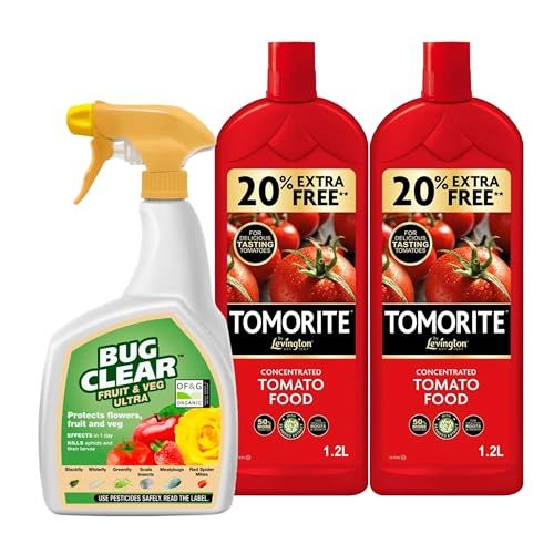 Tomato Plant Food Growing Fertilizer - Bundle of 2 x 1.2L Tomato Feed Concentrated Liquid Enriched Seaweed Fertiliser & 800ml Bug Clear Controller for Fruit and Vegetable Plants with Topline Card