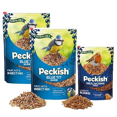 Peckish Bird Seeds & Mealworms Bundle - Pack of 2 x 1kg Blue Tit Seed Mix & 175g Dried Mealworms for Wild Birds with Topline Card. Bird Food Suitable for Hanging Feeders or Bird Table.