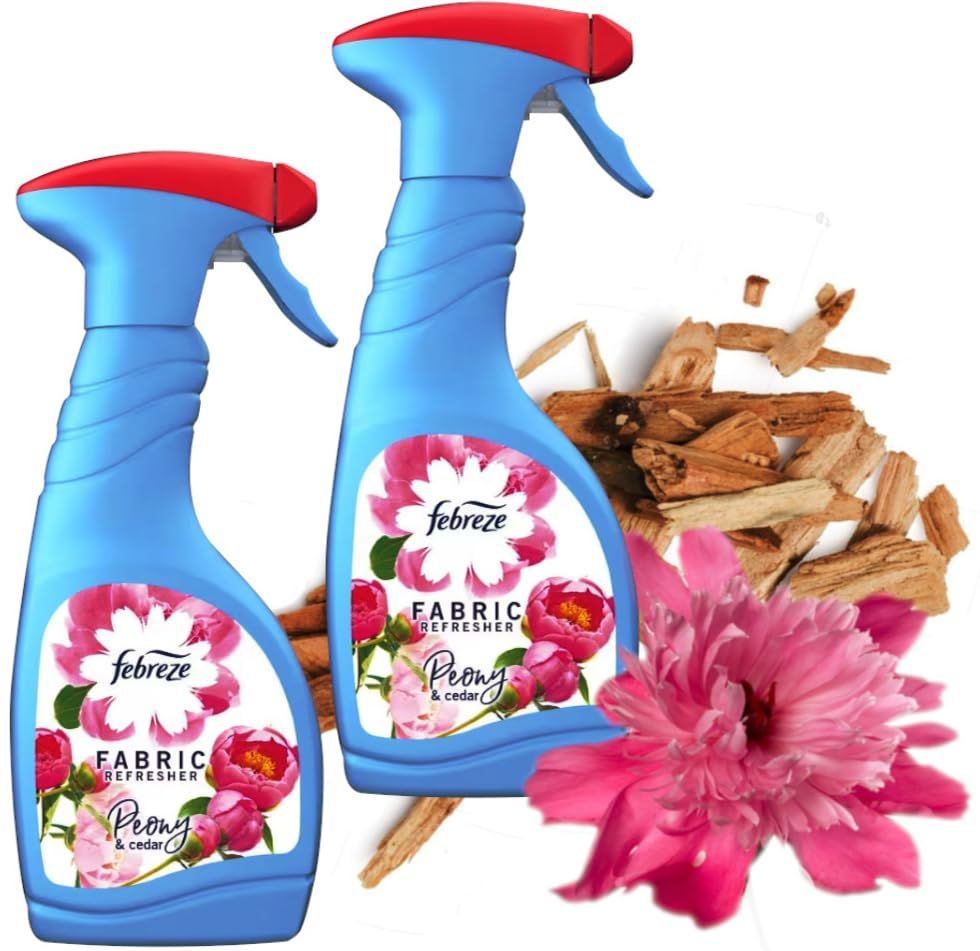 Fabric Air Freshener Spray Bundle - Pack of 2 x 500ml Peony and Cedar Water-based Formula Fabric Spray, Carpet Freshener. Great Room Spray Odour Eliminator & Air Fresheners for Home with Topline Card