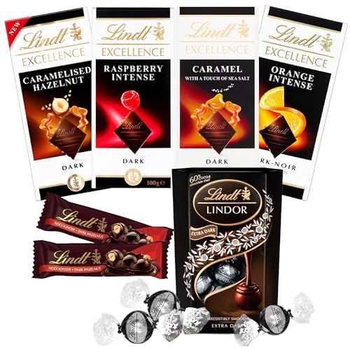 Dark Chocolate Hamper Gift Box - Irresistible Smooth 4 x 100g Caramel, Orange, Raspberry & Hazelnut Flavour Chocolate Bars, Chocolate Truffles 200g & 2x35g Hazelnut Bars. Mothers Day Gifts for Mum