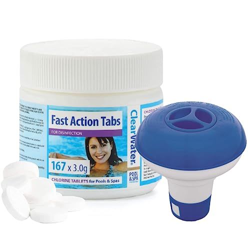 Swimming Pool Chlorine Cleaning Kit - Clearwater CH0022 Fast Action Tablets, 167 Quick Dissolving Chlorine Tablets & Bestway 58210-17 Chemical Floating Dispenser with Card for Hot Tub, Swimming Pool.