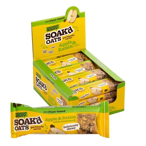 SOAK'd Oats Healthy Breakfast Bars - Box of 16 x 42g Gluten Free Apple & Raisin Baked Flapjack Healthy Snacks. Deliciously Chewy & Gut Friendly High Fibre Oat Bars for Lunck Box, Gym