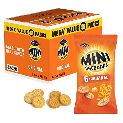 Mini Cheddars Snacks Bulk - Mega Value Box of 48 x 23g Original Cheddar Biscuits Baked with Real Cheese. Bar Snacks for Home Pub, Birthday Party Food or Lunchbox Snacks with Topline Card.