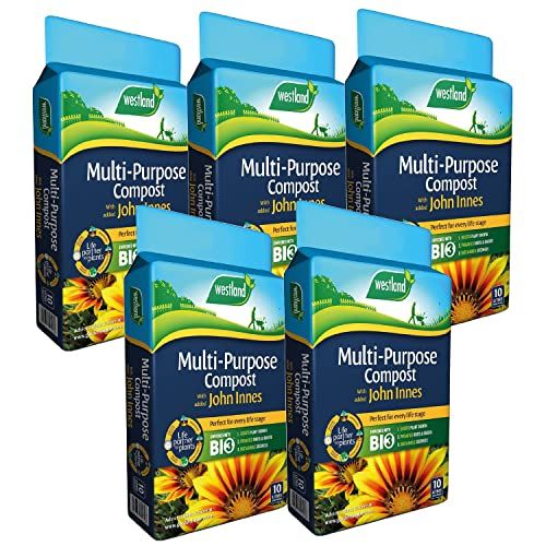 Westland Multipurpose Garden Plant Compost - Peat Free Multi-Purpose Compost with John Innes 5 x 10L Garden Soil Bags for Indoor & Outdoor House Plants, Vegetable Growing. Comes with Topline Card.