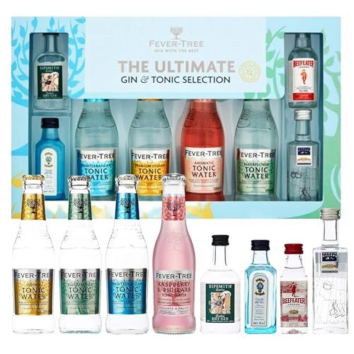 Fever Tree Gin Gift Set - The Ultimate Gin & Tonic Selection Box with Card. Women Gift Sets of 4x200ml Tonic Water & 4x5cl Gin. Great Christmas Gifts for Couples, Secret Santa Gifts for Mum