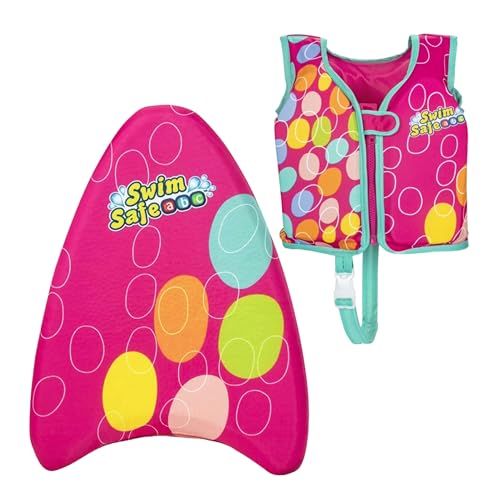 Swimming Pool Float Foam Board for Kids - Learn to Swim Pink Kickboard Pool Float & S/M Size Swim Vest. Swimming Floats for Children with Topline Card. Great for Birthday Gifts, Pool Holiday Party