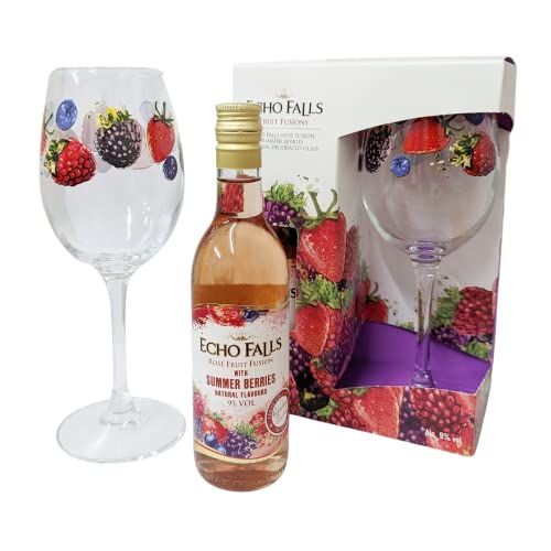 Echo Falls Wine Gift Set - Fruit Fusion Summer Berries Rose Wine & Decorated Glass Gift Set for Her, Mum Birthday Gifts with Thank You Card.