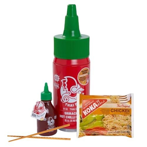 Hot Sauce & Pot Noodle Gift Set in a Beautiful Metal Tin - 200ml Sriracha Chilli Sauce, 85g Koka Chicken Instant Pot Noodles & Chopsticks - Christmas Secret Santa Gifts with Topline Card