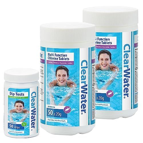 Clearwater Chlorine Pool Cleaning Kit - Clear water CH0019 2 x 1kg Multifunction 4in1 Chlorine Tablets & CH0043 Dip Test 50 Strips Pool Chlorine with Topline Card for Swimming Pool, Hot Tub