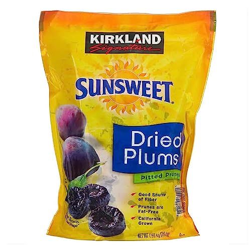 Kirkland Signature Whole Dried Plums - Fat Free High in Fibre Sunsweet Pitted Prunes Dried Fruit Snacks 1.59kg Pouch with Topline Card. Healthy Snacks for Breakfast Smoothies, Weight Watchers.