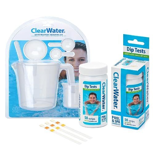 Clearwater Pool Cleaning Kit Bundle - CH0043 Dip Test 50 Strips & CH0032 Water Treatment Measuring Set with Card. Hot Tub Swimming Pool Accessories for Easy and Accurate Water Maintenance.