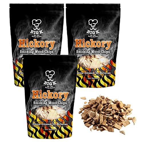 Big K Hickory Smoking Wood Chips - Pack of 3 Natural BBQ Smoker Wood Chips 400g Bags with Thank You Card for Smoking, Grilling, Barbecuing Meats.