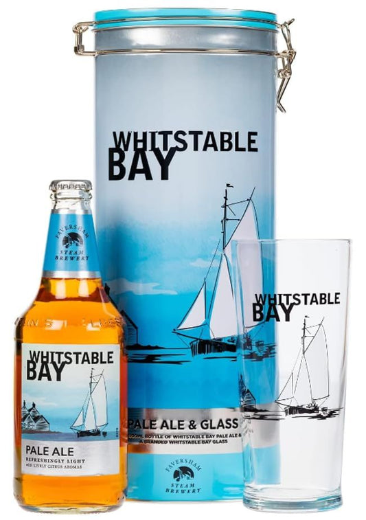 Whitstable Bay Craft Beer Gift Set - Refreshingly Light Pale Ale with Branded Glass in Collectible Tin 500ml. Christmas Gifts for Couples Stocking Fillers, Beers and Lagers Offers with Topline Card.