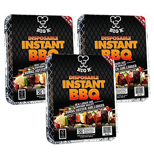 Big K Disposable Instant BBQ Tray - Pack of 3 All In One Barbecue Instant Light Charcoal Grill Trays with Topline Card. Ideal for Garden BBQs, Camping, Outdoor Parties and Picnics.