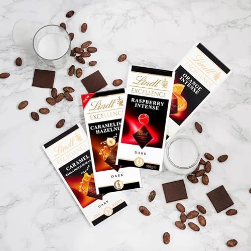 Excellence Dark Chocolate Bars - 4 x 100g Orange, Raspberry, Caramel Sea Salt, Hazelnut + Topline Card