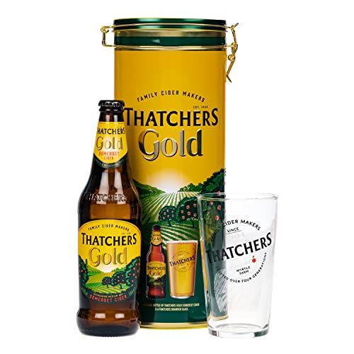 Thatchers Gold Cider 500ml & Branded Glass Gift Set in Collectable Tin by Blue Tree Gifts