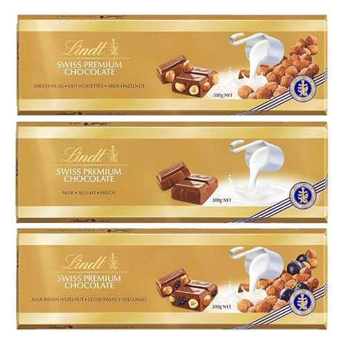 Lindt Swiss Premium Chocolate Bulk Buy - Luxury 3 x 300g Irresistible Smooth Hazelnut, Milk Bar & Hazelnut-Raisins Golden Milk Chocolate Bars for Christmas Chocolate Hamper, Stocking Fillers with Card