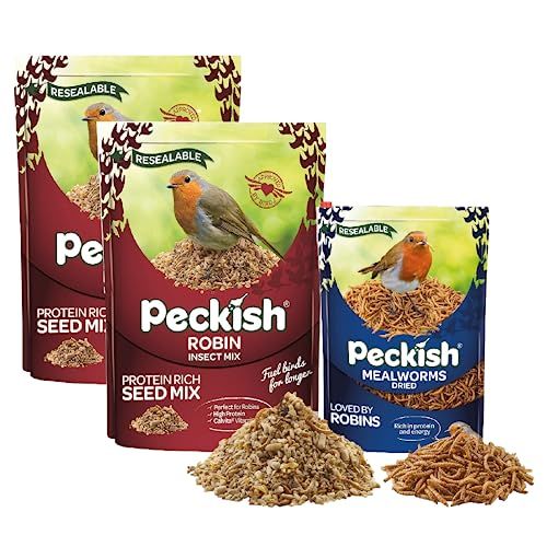 Peckish Bird Seeds & Mealworms Bundle - Pack of 2 x 2kg Robin Insect Seed Mix & 175g Dried Mealworms for Wild Birds with Topline Card. Bird Food Suitable for Hanging Feeders or Bird Table.