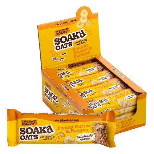 SOAK'd Oats Healthy Breakfast Bars - Box of 16 x 42g Gluten Free Peanut Butter & Banana Baked Flapjack Healthy Snacks. Deliciously Chewy & Gut Friendly High Fibre Oat Bars for Lunck Box, Gym