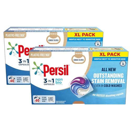 Persil XL 3-In-1 Washing Capsules All New Outstanding Stain Removal Even In Cold Washes With Triple Action Cleaning All In One Power Washing Capsules, 40 Washes (Non-Bio, Buy 2)