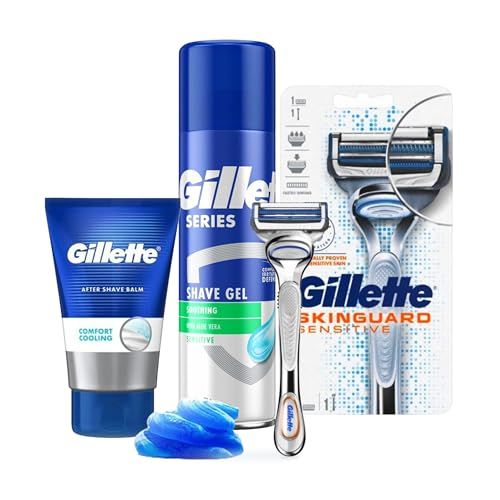 Shaving Kit for Mens Gift - Skincare Set of Sensitive 200ml Shaving Gel, After Shave Face Care Cooling Balm 100 & Skinguard Razors for Men. Skin Care Bundle for Birthday Gifts, Dad Gifts