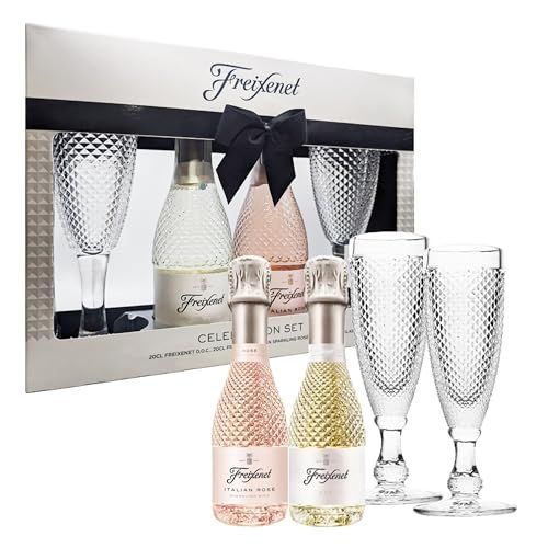 Sparkling Wine Celebration Gifts for Couples - Luxury Extra Dry Wine 20cl, Rose Sparkling Wine 20cl & Two Flute Glasses. Date Night Ideas for Couples, His and Hers Gifts with Card.