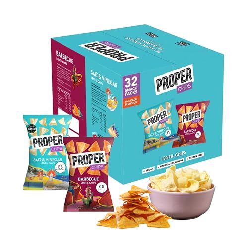 Gluten Free Lentil Crisps Multipack - Pack of 1 x 32 Vegan Proper Chips BBQ & Salt Vinegar Low Calorie Snack Box with Topline Card. Healthy Snacks for Kids Lunch Box, Birthday Party Food, Movie Night