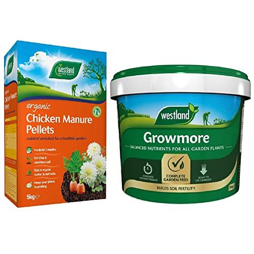 Outdoor Plants Food Fertilizer Bundle - 8kg Multipurpose Grownmore Plant Food Granules & 5kg Chicken Manure Pellets. Fertiliser for Vegetables, Garden Plants with Topline Card.