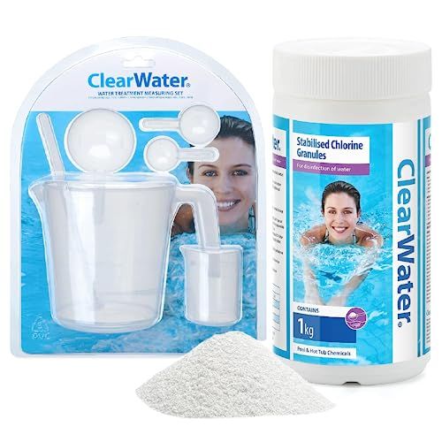 Clearwater Chemicals Pool Cleaning Kit - Clear Water CH0010 1kg Chlorine Granules for Disinfection & CH0032 Water Treatment Measuring Set for Swimming Pool, Hot Tub or Spa with Topline Card