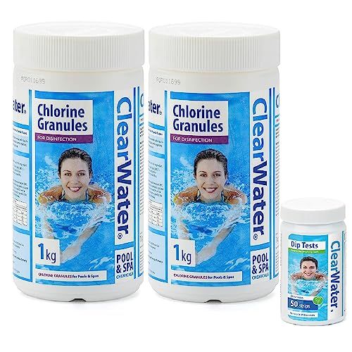 Clearwater Chlorine Pool Cleaning Kit - Pack of 2 x 1kg Clear Water CH0010 Chlorine Granules for Disinfection & CH0043 Dip Test 50 Strips. Pool Chlorine with Topline Card for Swimming Pool, Hot Tub