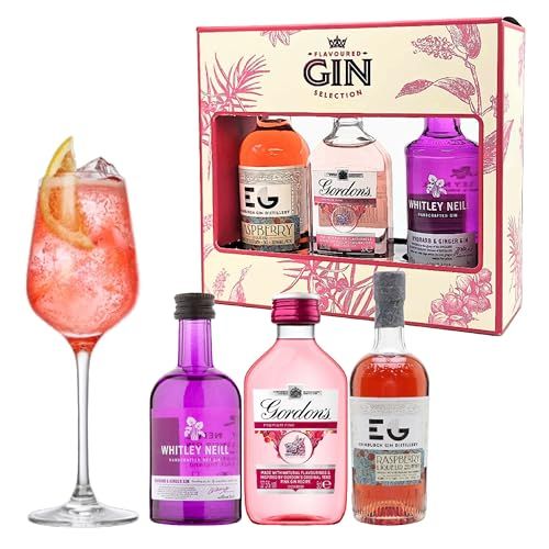 Premium Flavoured Gin Trio Selection - Miniatures Gin Gift Set - Edinburgh Gin 5cl, Whitley Neill Rhubarb and Ginger Gin 5cl & Gordon's Pink Gin 5cl. Christmas Gifts For Women With Gift Card