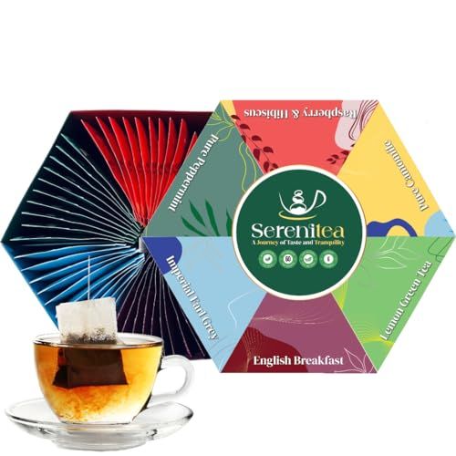 SereniTea Tea Collection Gift Set - Tea selection consists of English Breakfast, Earl Grey, Chamomile, Green Tea, Raspberry & Hibiscus, Peppermint Tea - 60 Tea Bags - Perfect set for Tea Lovers