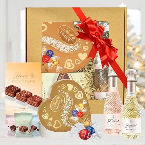 Prosecco & Chocolate Hamper - Assorted Choco Wafers 135g, Heart Shaped Assorted Chocolate Truffles Box 200g, Prosecco 20cl & Rose 20cl