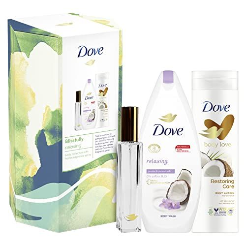 Dove Blissfully Relaxing Body Collection with home fragrance spray Gift Set perfect gifts for her 2 piece, White